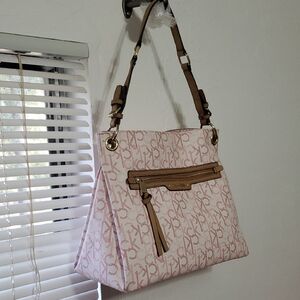 Calvin Klein Light Pink and Wine Red Signature Shoulder HoboBag